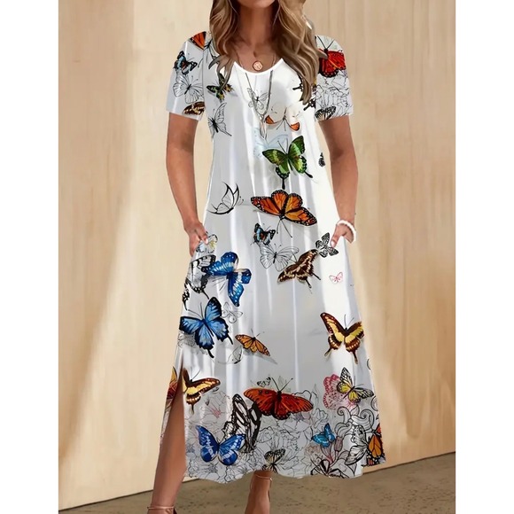 None Dresses & Skirts - Women's White Dress with Butterfly Print & Side Slits – Size Small – NWOT